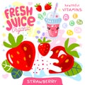 Fresh juice organic glass cute kawaii character. Strawberry berry berries yogurt smoothies cup. Vector illustration.