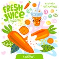 Fresh juice organic glass cute kawaii character. Carrot vegetable yummy smoothies cup. Vector illustration.