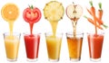 Fresh juice pours from fruits and vegetables