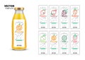 Fresh juice realistic glass bottle with labels set