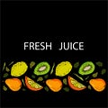 Fresh juice. Set of pear kiwi orange slice lemon and leaves in the column. Product Royalty Free Stock Photo