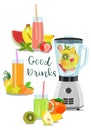 Fresh juice and smoothies in jars and blender. Vector illustration Royalty Free Stock Photo