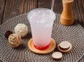 fresh Fresh juice soda with ice cube served in disposable glass isolated on table side view of taiwan food Royalty Free Stock Photo