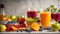 Fresh juice from various fruits berries kitchen refreshing yummy banner concept Royalty Free Stock Photo