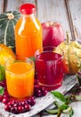 Fresh Juices, fruits and vegetables - autumn still life.