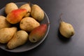 Fresh juicy appetizing pears on a gray plate, summer concept, copy space