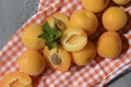 Fresh juicy apricots, a sprig of mint on an orange towel, gray background Royalty Free Stock Photo