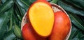 Fresh juicy beautiful mango fruit in bamboo wooden basket on green background by leaves, close up, macro, copy space. Tropical Royalty Free Stock Photo