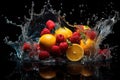 Fresh juicy berries raspberry and citrus orange in water splash drops isolated on black background Royalty Free Stock Photo