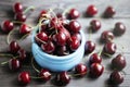 Fresh juicy cherries in a blue bowl on a gray wooden background. Cherry closeup in a bowl. Berries in drops of water. Food Royalty Free Stock Photo