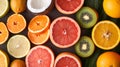 Fresh juicy citrus fruits as background, top view Royalty Free Stock Photo