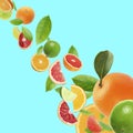 Fresh juicy citrus fruits and green leaves falling on cyan background