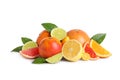 Fresh juicy citrus fruits with green leaves on white background Royalty Free Stock Photo