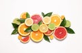 Fresh juicy citrus fruits with green leaves on white background, flat lay Royalty Free Stock Photo