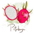 Fresh juicy dragon fruit. Ripe tasty tropic exotic pitahya. Whole and halved. Delisious food, vitamins, healthe