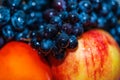 Fresh juicy fruits blurred background, grape, apple, persimmon.