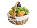 Fresh juicy fruits in wicker basket isolated on white Royalty Free Stock Photo