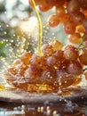 Fresh Juicy Grapes Splashed With Water on Wooden Surface with Natural Backlight Vibrant Food Photography