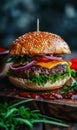 fresh juicy hamburger with beef meat, grilled cheeseburger with onion and tomato, classic american fast food burger Royalty Free Stock Photo