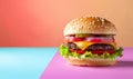 fresh juicy hamburger with beef meat, grilled cheeseburger with onion and tomato, classic american fast food burger Royalty Free Stock Photo