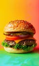 fresh juicy hamburger with beef meat, grilled cheeseburger with onion and tomato, classic american fast food burger Royalty Free Stock Photo