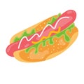 Fresh juicy hot dog. Appetizing fast food. Concept of useful and unhealthy food.Isolated vector illustration for