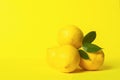 Fresh juicy lemon slides on a bright yellow background. Concept minimalism. Horizontal frame. Copy space.