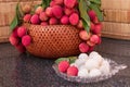 Fresh juicy lychee fruit on a glass plate. Organic leechee sweet fruit. Royalty Free Stock Photo