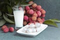 Fresh juicy lychee fruit on a glass plate. Organic leechee sweet fruit with litchy juice. Organic lychee fruit concept