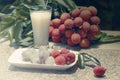 Fresh juicy lychee fruit on a glass plate. Organic leechee sweet fruit with litchy juice. Organic lychee fruit concept. Exotic