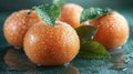 Fresh, juicy oranges with water droplets and leaves Royalty Free Stock Photo