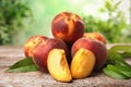 Fresh juicy peaches and leaves on wooden table Royalty Free Stock Photo