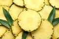 Fresh juicy pineapple slices with green leaves, tropical fruits background Royalty Free Stock Photo