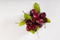 Fresh juicy red cherries in plastic container with green leaves, tails in sunlight as summer healthy food on white wood table. Royalty Free Stock Photo