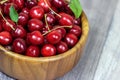 Fresh juicy red sweet cherry berries in the wooden bowl on light background in summer. Royalty Free Stock Photo
