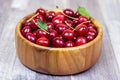 Fresh juicy red sweet cherry berries in the wooden bowl on light background in summer. Royalty Free Stock Photo