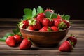 Fresh juicy strawberries on an old wooden table. Generative AI