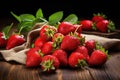 Fresh juicy strawberries on an old wooden table. Generative AI