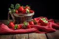 Fresh juicy strawberries on an old wooden table. Generative AI