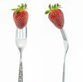 Fresh juicy strawberry on fork, front and side view, on white