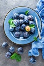 Fresh juicy sweet plums on plate with leaves Royalty Free Stock Photo