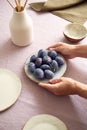 Fresh juicy sweet plums on an unusual clay plate. The girl serves the table.