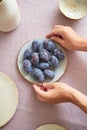 Fresh juicy sweet plums on an unusual clay plate. The girl serves the table.