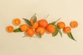 Fresh juicy tangerines on a yellow background. Summer mood, healthy food. Top view