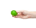 Fresh juicy tasty green lime in a human hand isolated on a white Royalty Free Stock Photo