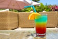 Fresh juicy tropical cocktail. Colorful cocktail, cold drink. Summer mood. Beach vacation. Copy space for text