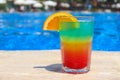 Fresh juicy tropical cocktail near the pool. Colorful cocktail, cold drink. Summer mood/ concept. Beach vacation and. Copy space Royalty Free Stock Photo