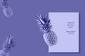 Fresh juicy tropical fruit pineapple flying isolated on violet background