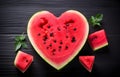 Fresh juicy watermelon slice heart shape on dark background