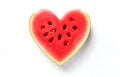 Fresh juicy watermelon slice heart shape isolated on white background